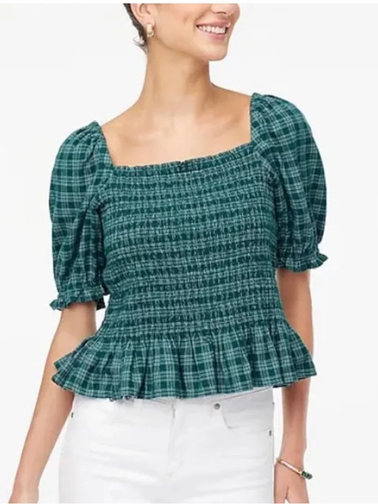 J. Crew Flannel Smocked Top | Green Glazed | Medium - Picture 1 of 8